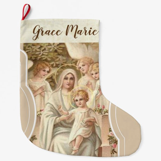 Personalized Virgin Mary with Jesus & Angels Large Christmas Stocking