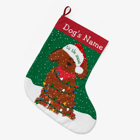 Personalized Xmas Lights Red Goldendoodle Large Christmas Stocking