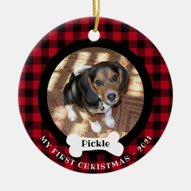 Pet First Christmas Buffalo Plaid 2-photo 2 sided Ceramic Ornament