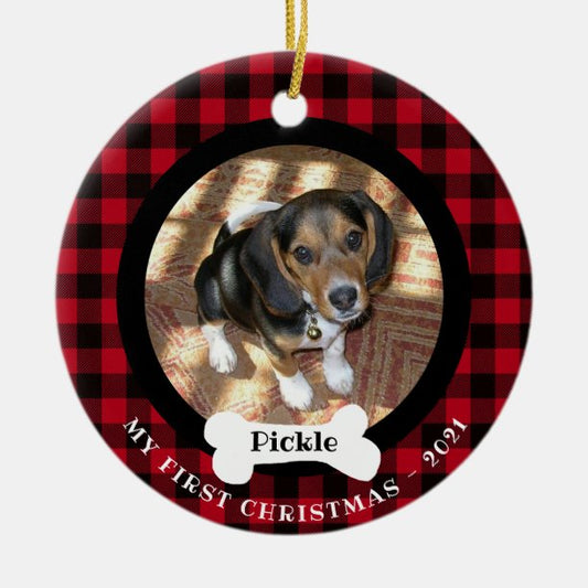 Pet First Christmas Buffalo Plaid 2-photo 2 sided Ceramic Ornament