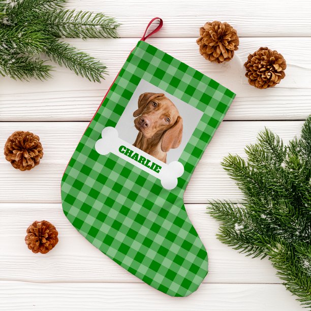 Pet Photo and Dog Bone with Name on Green Plaid Small Christmas Stocking