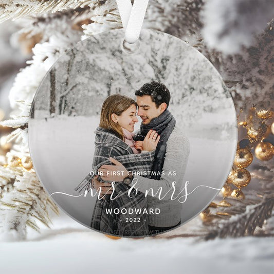 Photo First Christmas Married White Script Ornament