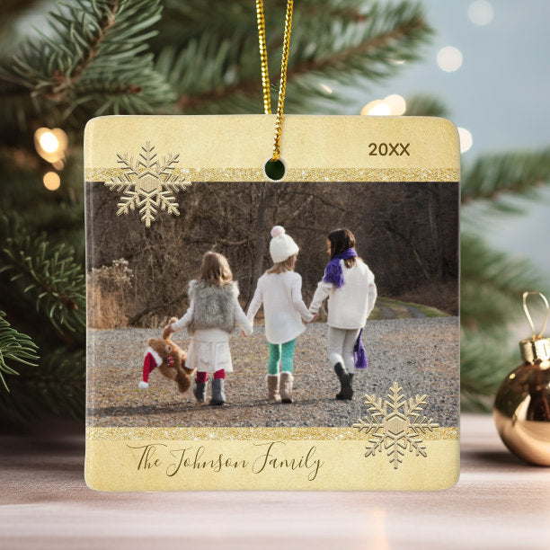 PHOTO Gold Snow Keepsake Christmas Holiday Tree Ceramic Ornament