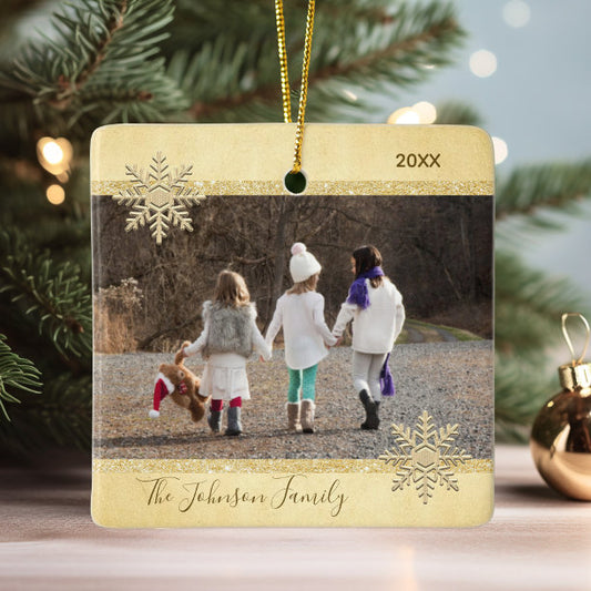 PHOTO Gold Snow Keepsake Christmas Holiday Tree Ceramic Ornament