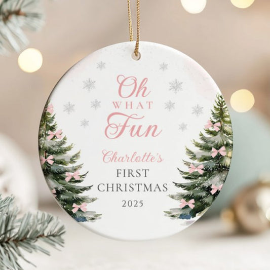 Pink Bow Pine Tree Baby's First Christmas Ceramic Ornament