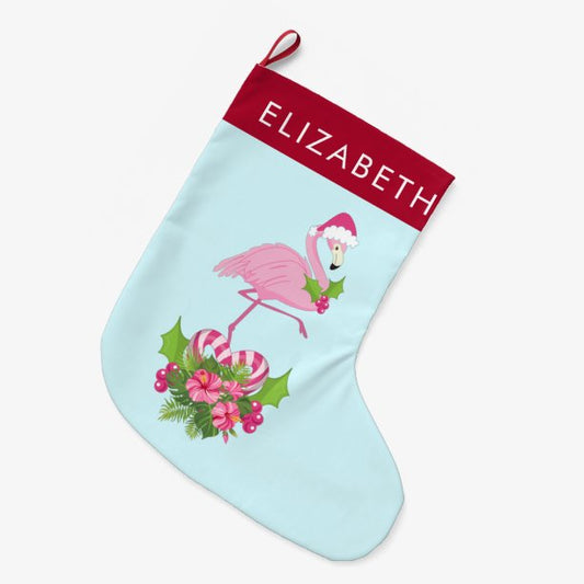 Pink Flamingo in Santa Hat with Candy Cane Bouquet Large Christmas Stocking