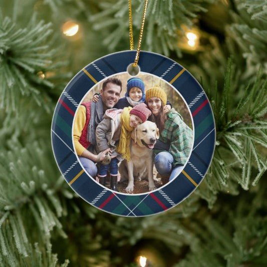 Plaid frame family photo personalized Christmas Ceramic Ornament