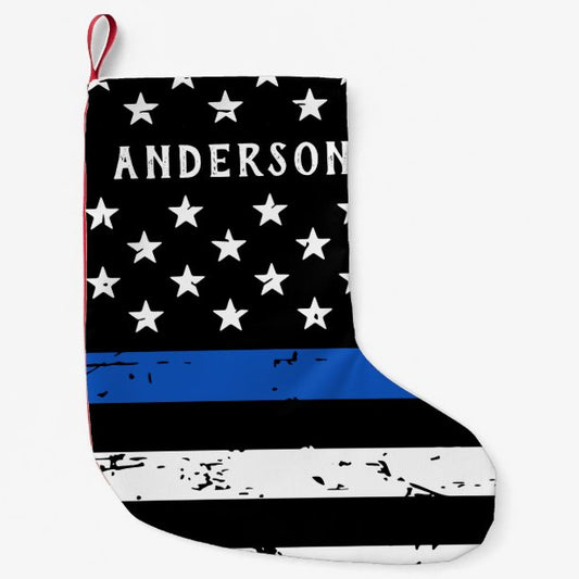 Police Officer Personalized Thin Blue Line Flag Small Christmas Stocking