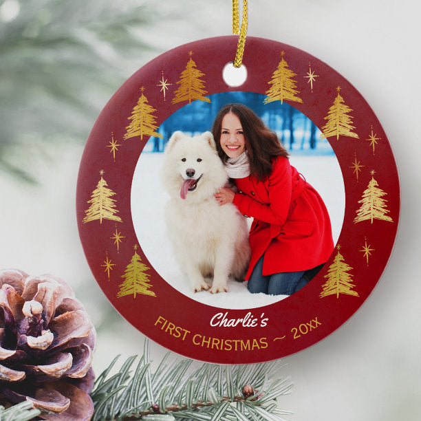Puppy Dog First Christmas Custom Pet Photo - Red Ceramic Ornament