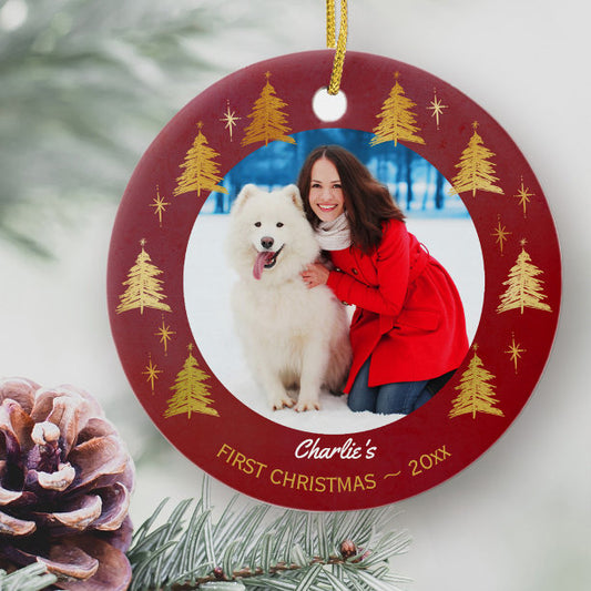Puppy Dog First Christmas Custom Pet Photo - Red Ceramic Ornament