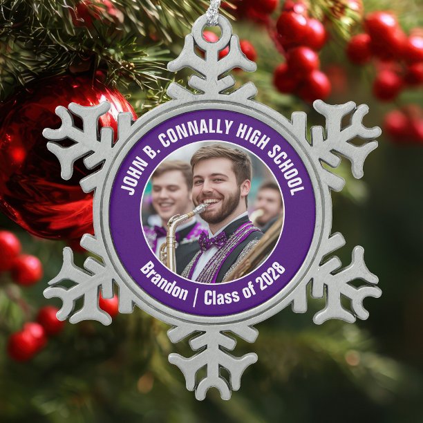 Purple High School Marching Band Photo Gift Snowflake Pewter Christmas Ornament