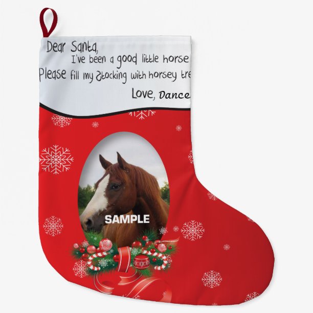 Red ADD YOUR HORSE Photo and Name Dear Santa Large Christmas Stocking