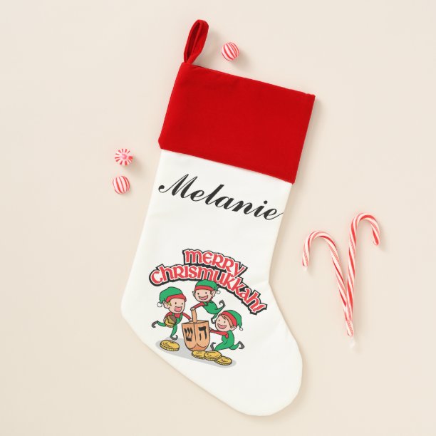Red and White Chrismukkah Elves with Dreidel Christmas Stocking