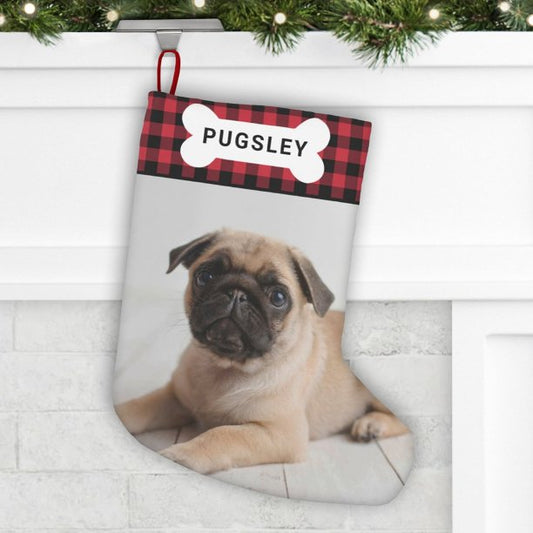 Red Buffalo Plaid Pet Dog Bone Photo Name Small Christmas Stocking