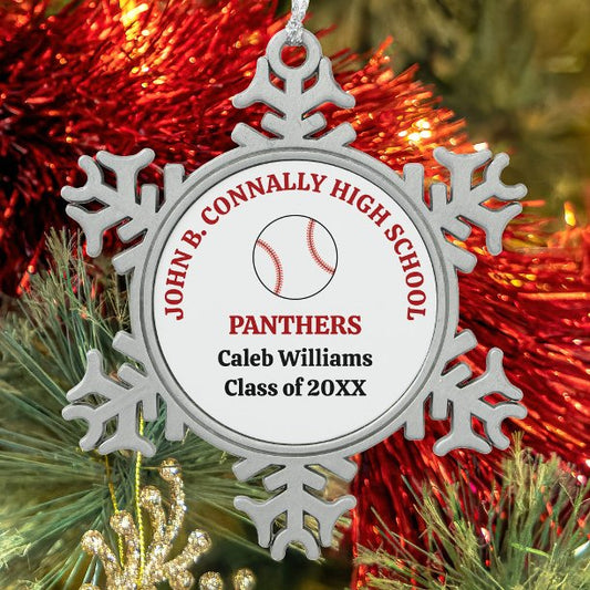 Red High School Baseball Player Personalized Snowflake Pewter Christmas Ornament