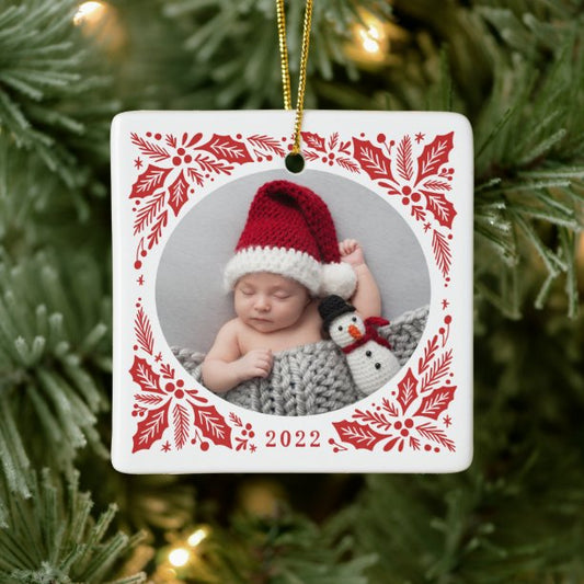 Red Holly 2 Photo with Year Christmas Ceramic Ornament