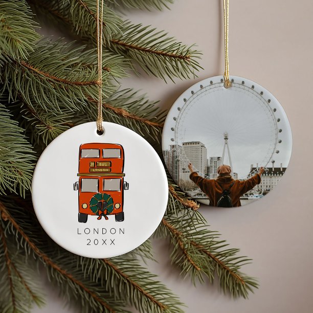 Red London Double Decker Bus Christmas Photo Ceramic Ornament