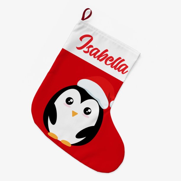 Red Merry Christmas Chubby penguin Santa hat Xmas Large Christmas Stocking