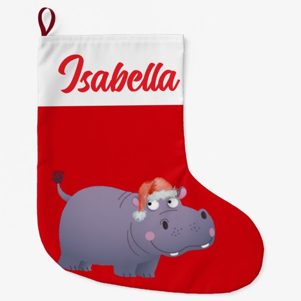 Red Merry Christmas Hippo zoo Santa hat Xmas Large Christmas Stocking