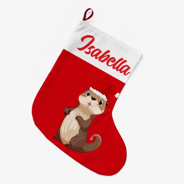 Red Merry Christmas squirrel Beaver Santa hat Xmas Large Christmas Stocking