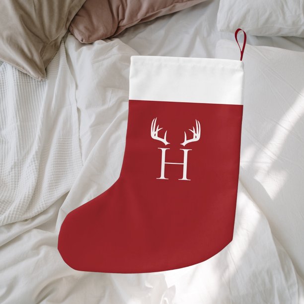 Red white monogram modern antlers small christmas stocking
