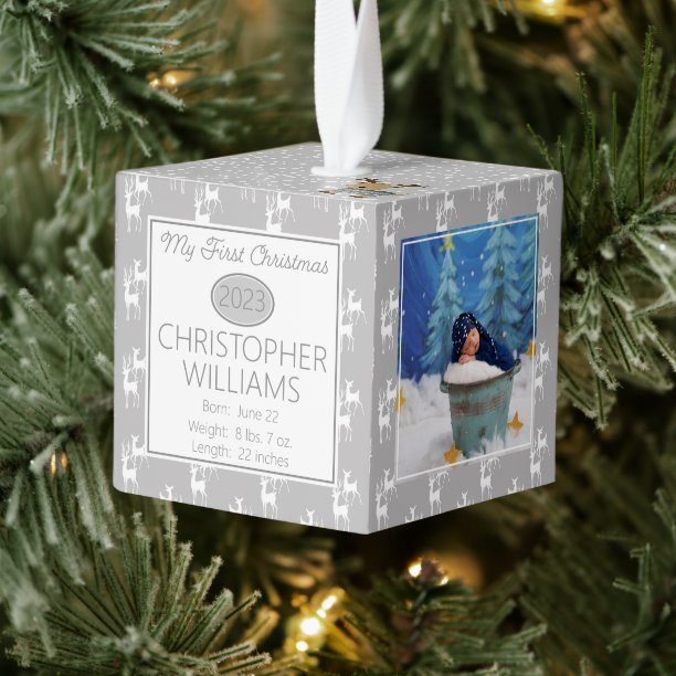 Reindeer Pattern Baby My First Christmas 3 Photo Cube Ornament