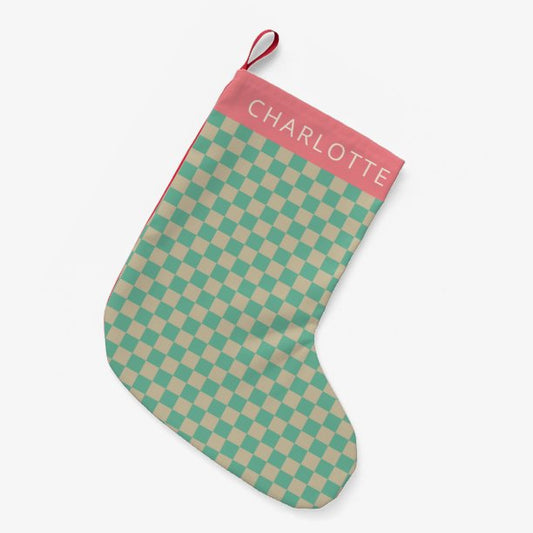 Retro Aesthetic Checkerboard Mint Personalized Small Christmas Stocking