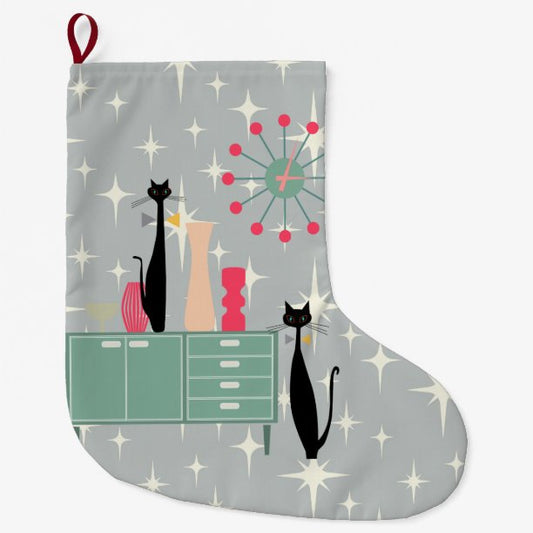 Retro Atomic Era Cats & Clock Christmas Stocking