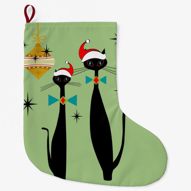 Retro Atomic Era Mid Century Modern Christmas Cats Large Christmas Stocking