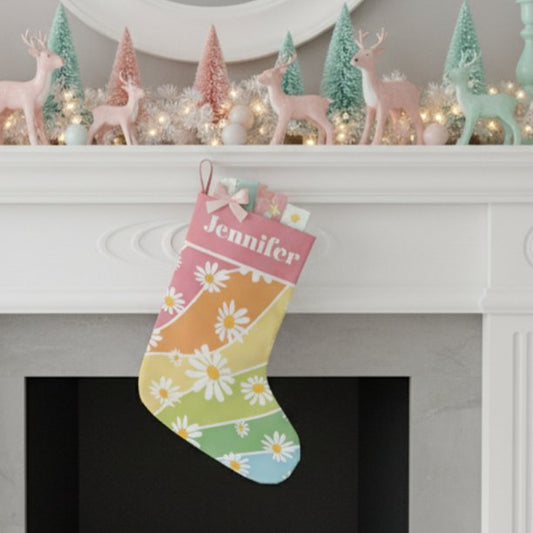 Retro Daisy Flower Pastel Stripes Monogram Small Christmas Stocking