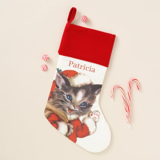 retro vintage Christmas cat add name Stocking