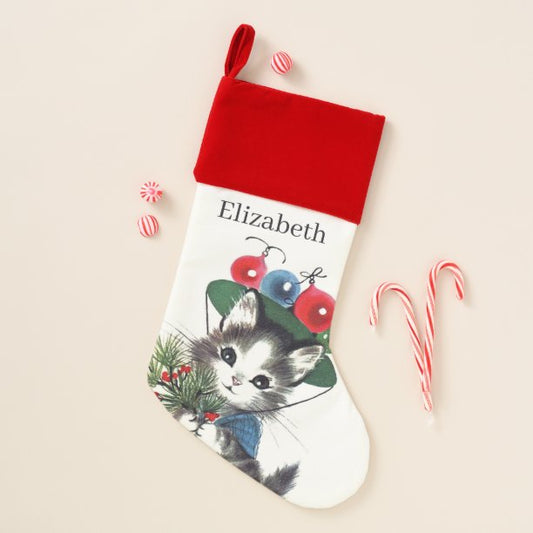 retro vintage Christmas cat add name Stocking