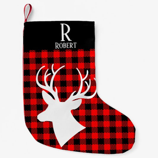 Rustic Antler Red Buffalo Plaid Checkered Monogram Small Christmas Stocking