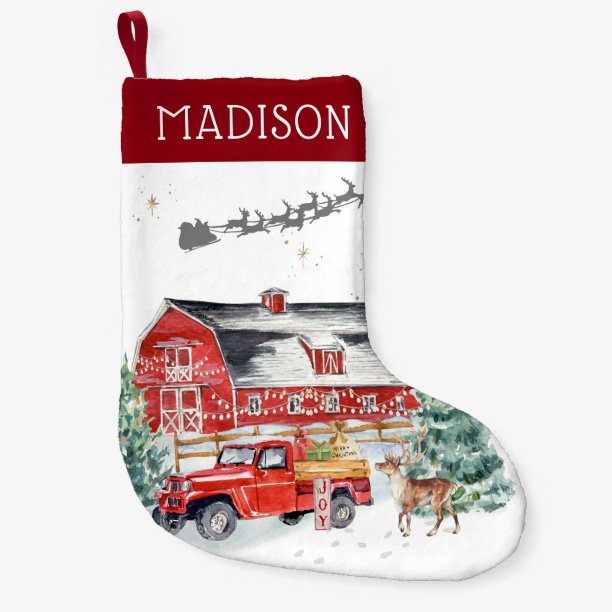 Rustic Barn Vintage Red Farmhouse Truck Monogram Small Christmas Stocking