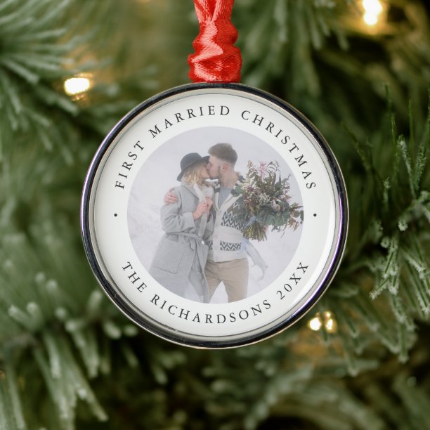 Rustic Chic First Married Christmas with Photo Metal Ornament