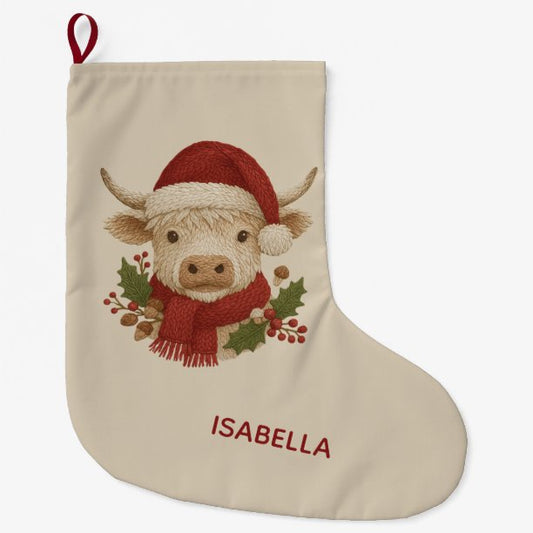 Rustic embroidery Highland Cow with Santa Hat Large Christmas Stocking