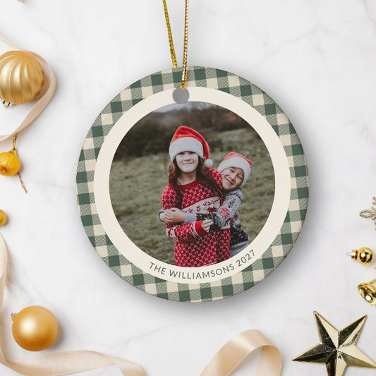 Rustic Green Buffalo Plaid Christmas Family Photo Ceramic Ornament