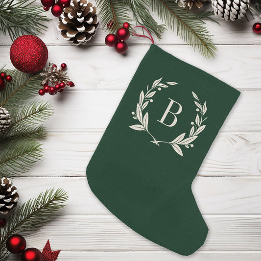 Rustic Green Laurel Wreath Monogram Small Christmas Stocking