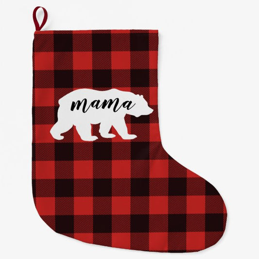 Rustic Mama Bear Red & Black Buffalo Plaid Large Christmas Stocking
