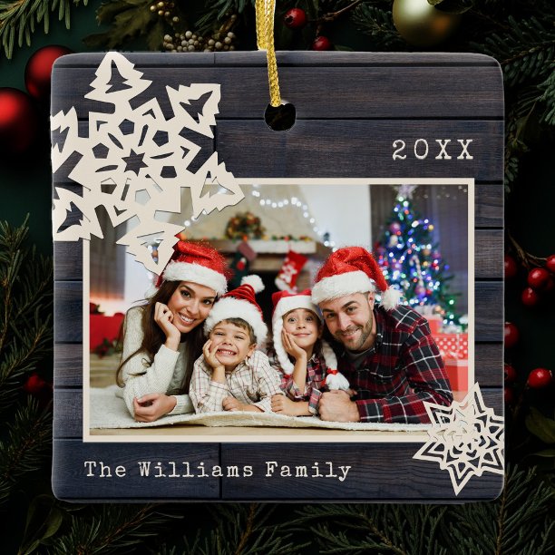Rustic Modern Photo DIY Snowflake Family Name Wood Ceramic Ornament