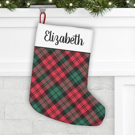Rustic Red and Green Tartan Plaid Name Monogram Small Christmas Stocking