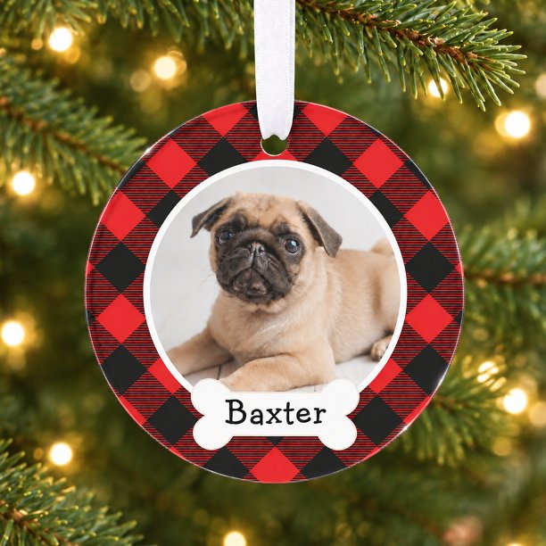 Rustic Red Buffalo Plaid Christmas Dog Photo Name Ornament