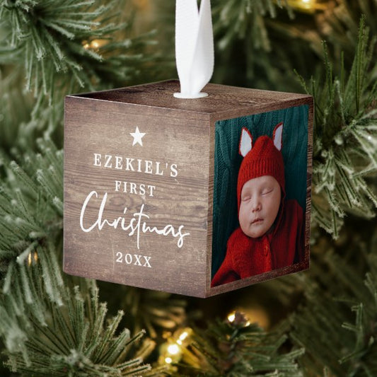 Rustic Wood Look Baby's First Christmas Photo Cube Ornament