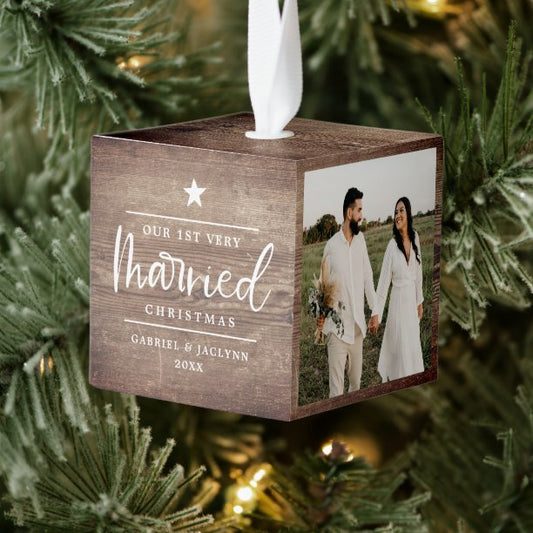 Rustic Wood Look First Christmas Married Photo Cube Ornament