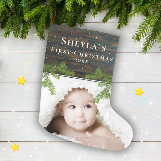 Rustic Wood Pine Baby`s First Christmas Photo Large Christmas Stocking