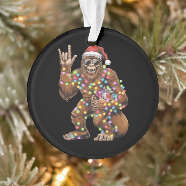 Santa Bigfoot Christmas Lights Rock Funny Ornament