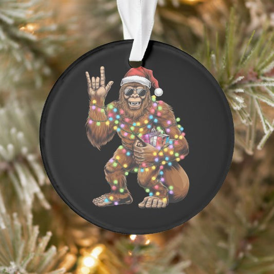 Santa Bigfoot Christmas Lights Rock Funny Ornament