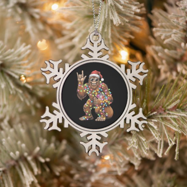 Santa Bigfoot Christmas Lights Rock Funny Snowflake Pewter Christmas Ornament
