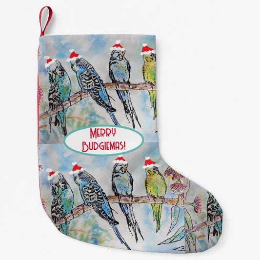 Santa Budgie Christmas Watercolor Painting Bird Small Christmas Stocking