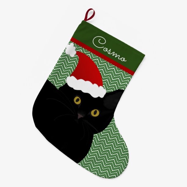 Santa Cat Black With Yellow Eyes Personalized Large Christmas Stocking